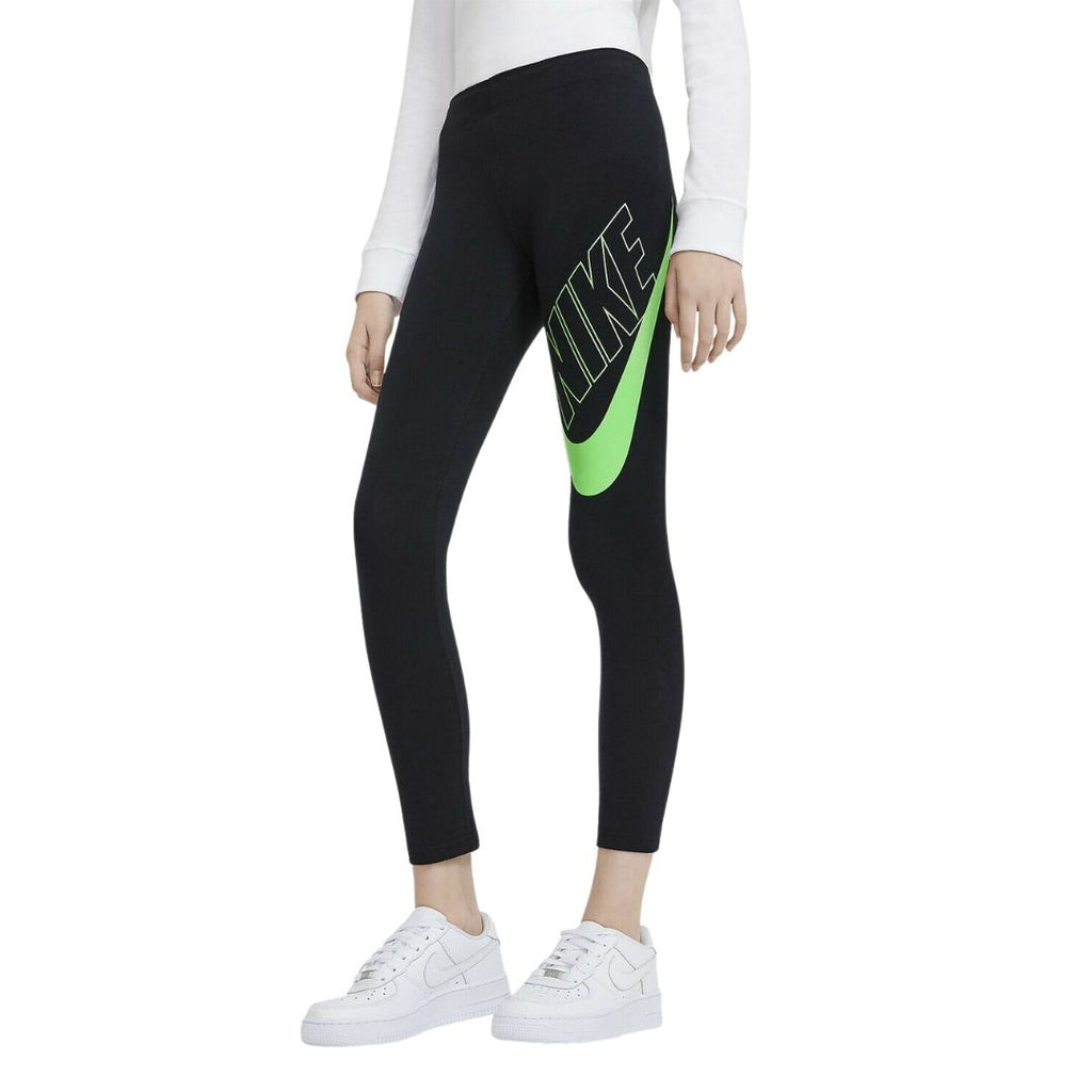 Leggings da bambina Nike nero con logo verde fluo