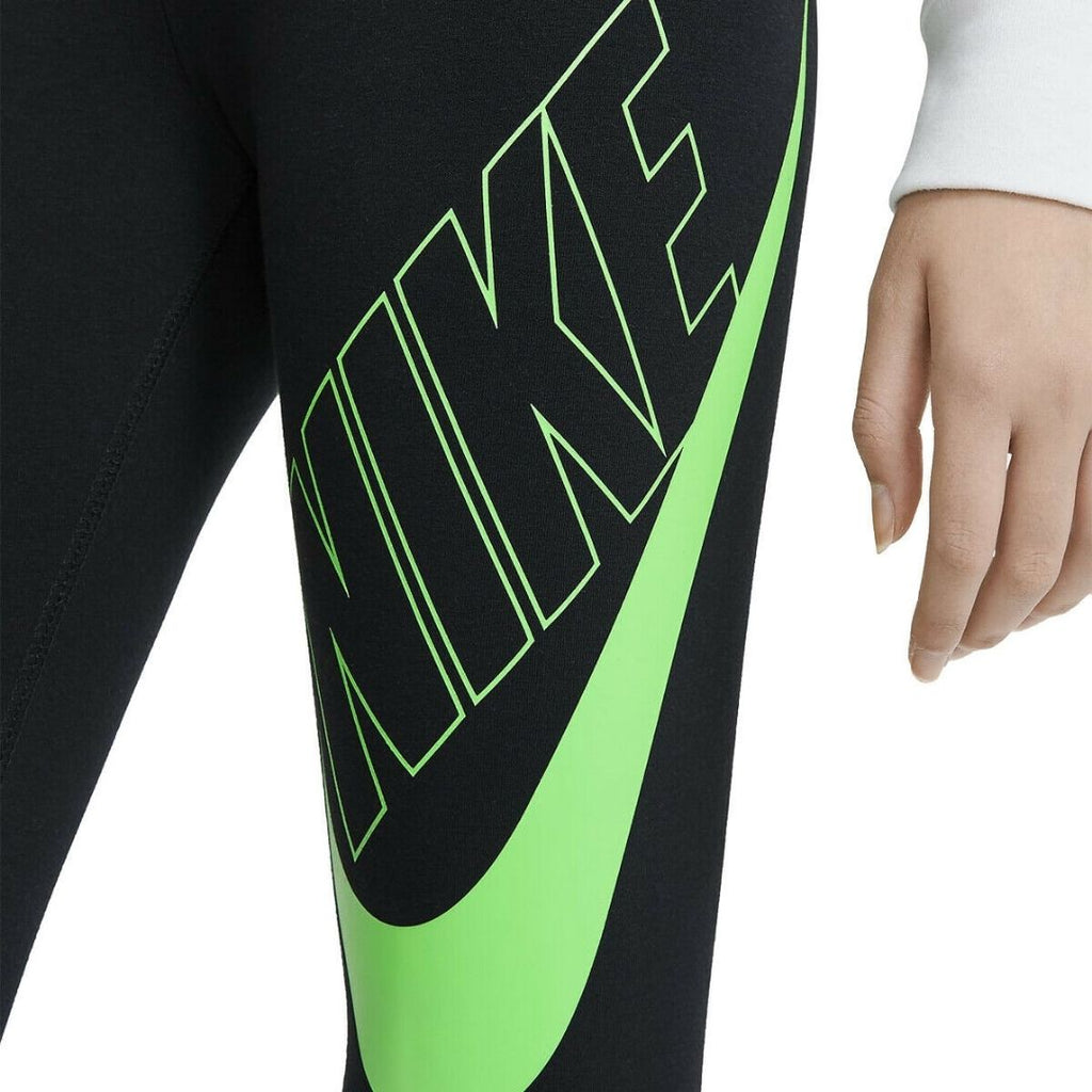 Leggings bambina Nike nero con logo verde fluo